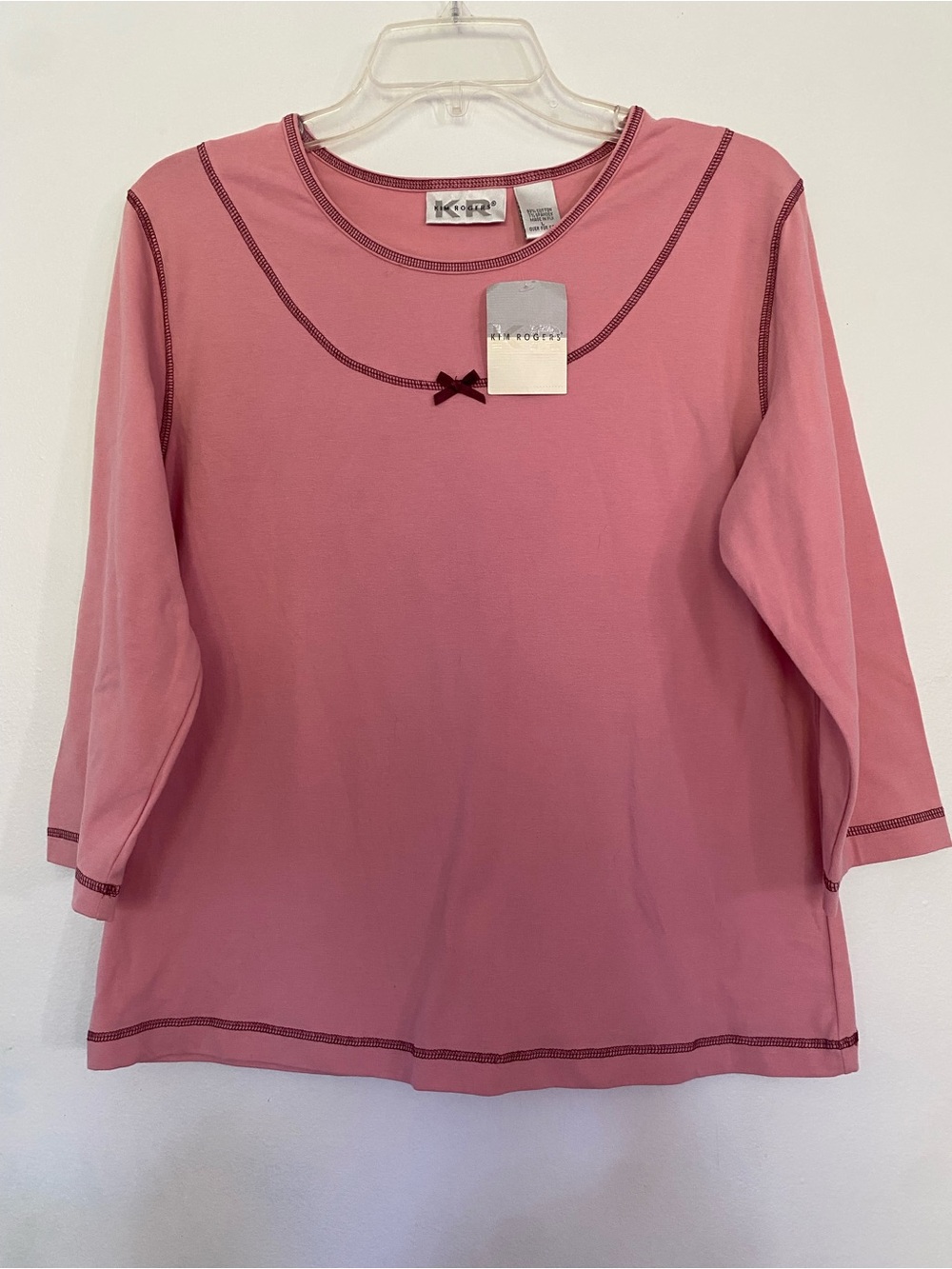 Kim Rogers Pink Long Sleeve Crewneck Top with Contrast Trim and Bow